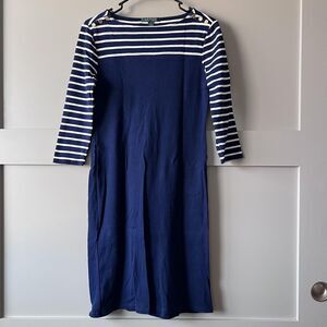 Lauren‎ Ralph Lauren Dress Womens Medium Navy Stripe Button Shoulder Boatneck
